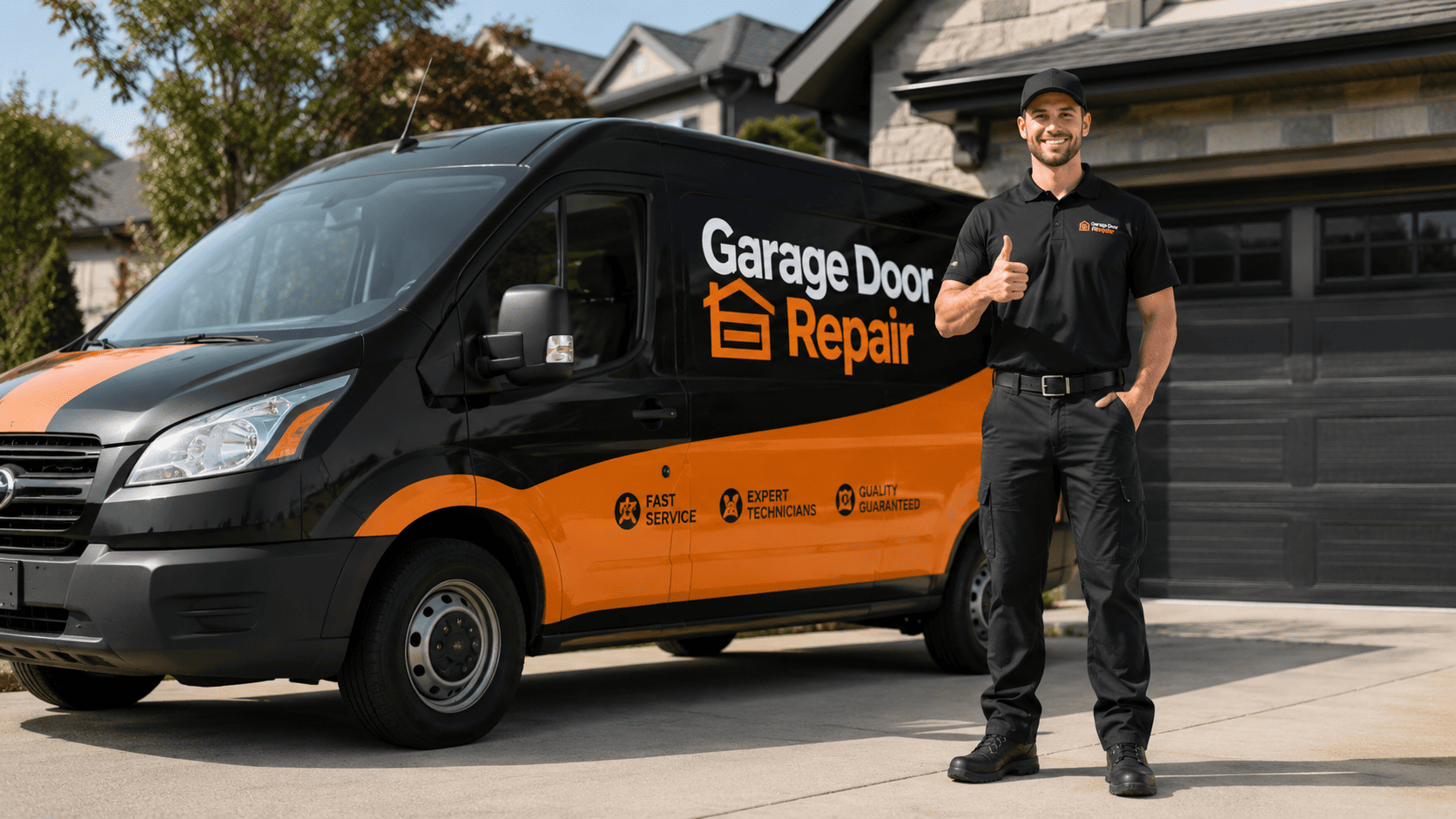 Garage door repair service van and technician